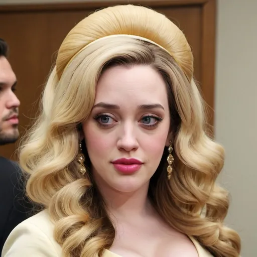 Prompt: Kat Dennings dressed as stepford wife with massive bouffant beehive long blonde hair