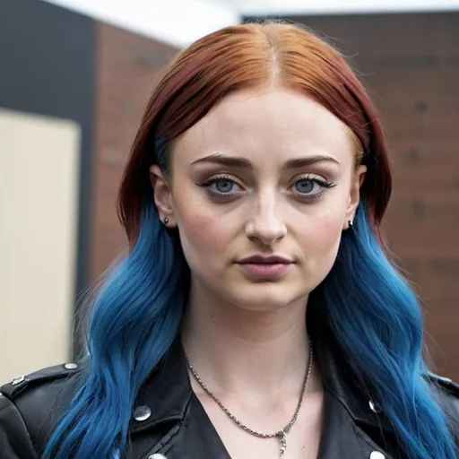 Prompt: Sophie turner as a emo girl, black and blue mullet hairstyle