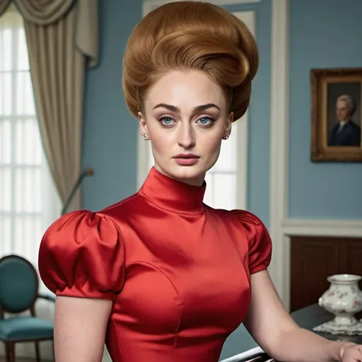 Prompt: Sophie Turner a old stepford wife woman, with a big bouffant beehive hairstyle, wearing form fitting red dress, photo style, detailed face