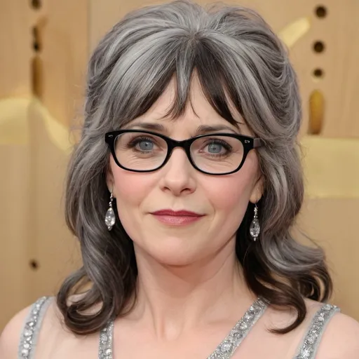 Prompt: zooey deschanel dressed as a sultry mature chubby woman, 60 years old, grey bouffant hair, eyelashes, eyeshadow, glasses wrinkles, nightdress