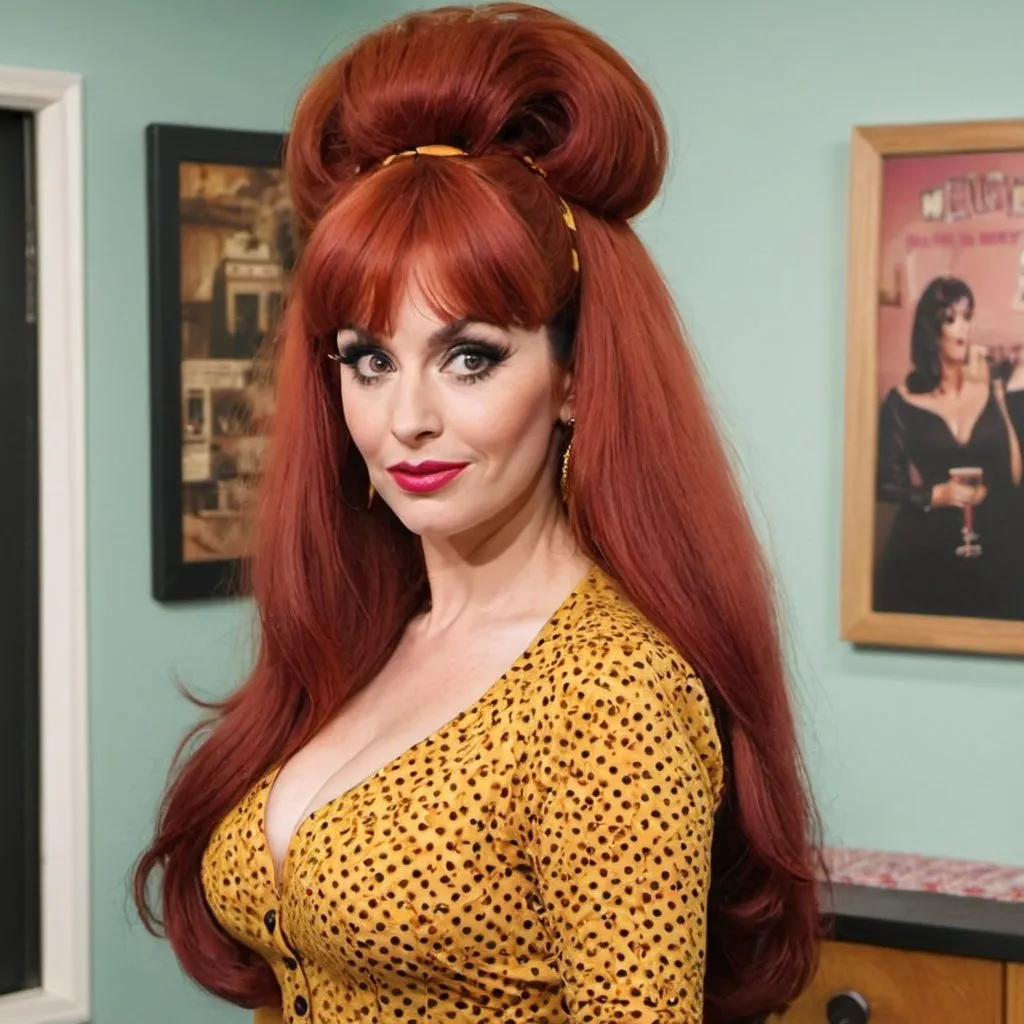 Prompt: Natasia Demetriou dressed as peggy bundy with big bouffant beehive long hair