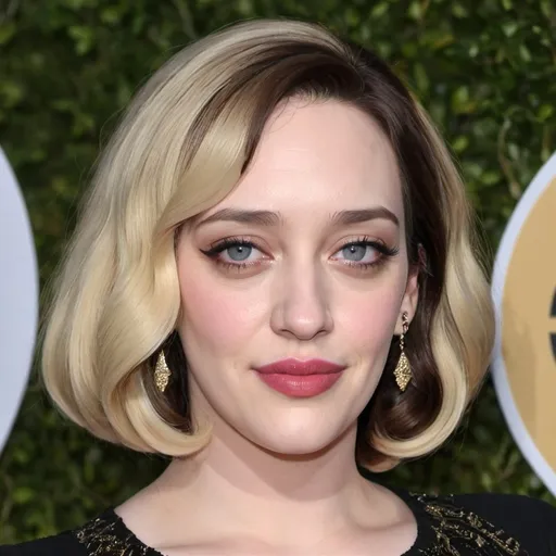 Prompt: kat dennings dressed as a middle aged karen mom woman with a short blonde bouffant stacked a line bob hairstyle