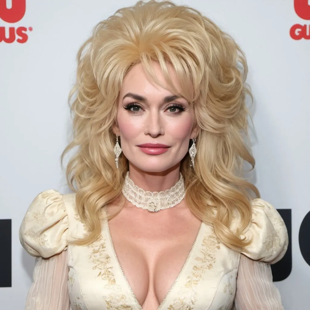 Prompt: Lena Headey dressed as Dolly Parton with big bouffant hair