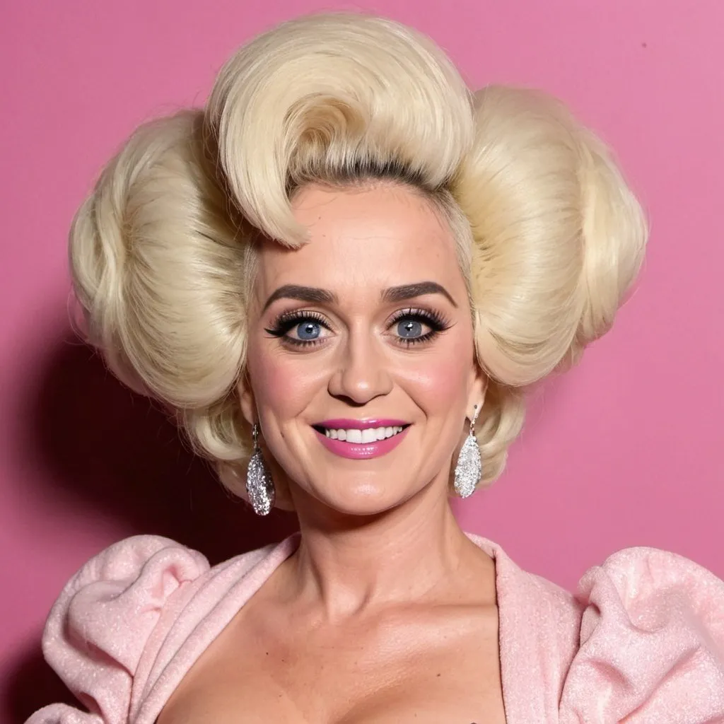 Prompt: Katy Perry dressed as Barbara Windsor with big bouffant hair