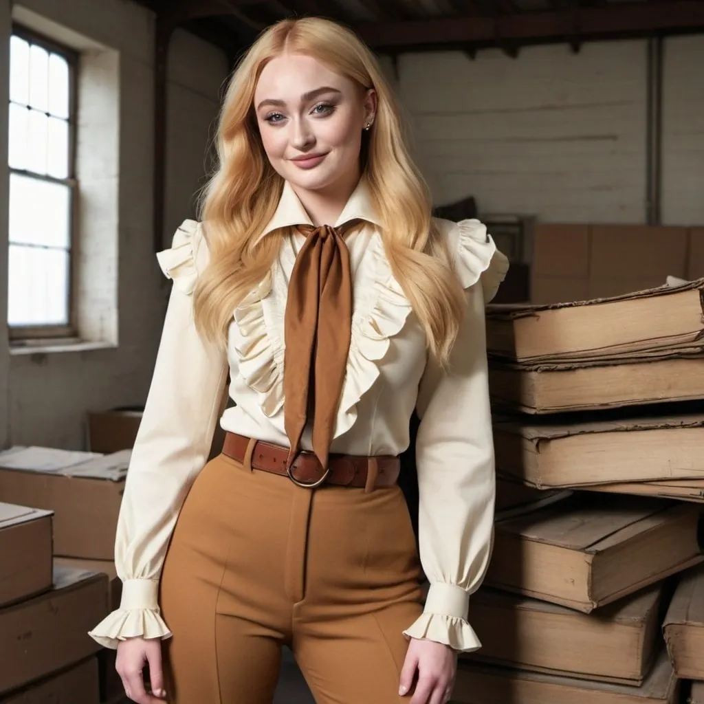 Prompt: sophie turner Smiling heavy woman with large thighs with a blonde mullet shag with bangs beige and brown comtrasting ripped up and 
worn out 1970's double knit polyester three piece vested matching  business suit with poofy wide shoulder pads, very wide collar, wide lapels, blouse with a very wide 1970s frilly ascot neckerchief in an old warehouse