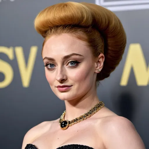 Prompt: sophie turner dressed as a 1960's woman with big bouffant beehive hair