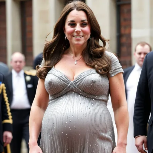 Prompt: fat Kate Middleton, chubby body, plump bbw, long hair, big chest, wearing a sparkly dress