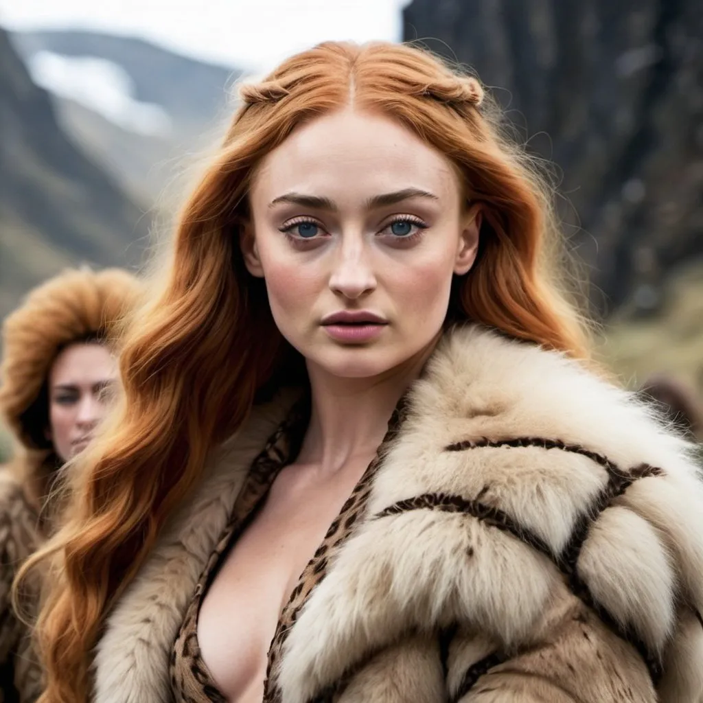 Prompt: Sophie Turner a cavewoman, with a wild fluffy hairstyle, wearing fur outfit, photo style, detailed face