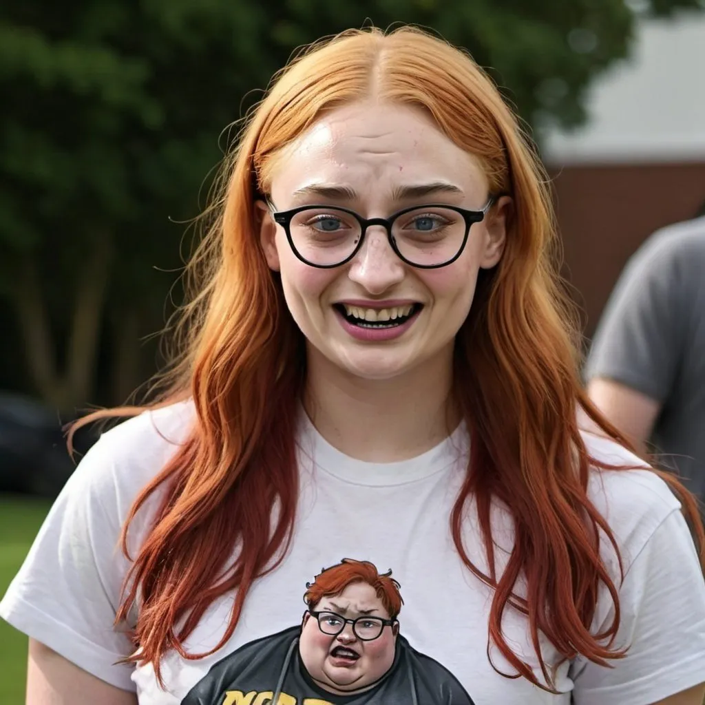 Prompt: sophie turner dressed as a fat nerdy slob, stained t shirt, greasy wet hair, bad skin, crooked teeth