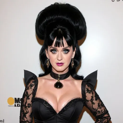 Prompt: Katy perry Dressed as Elvira Mistress of the dark, Big bouffant Beehive black hair