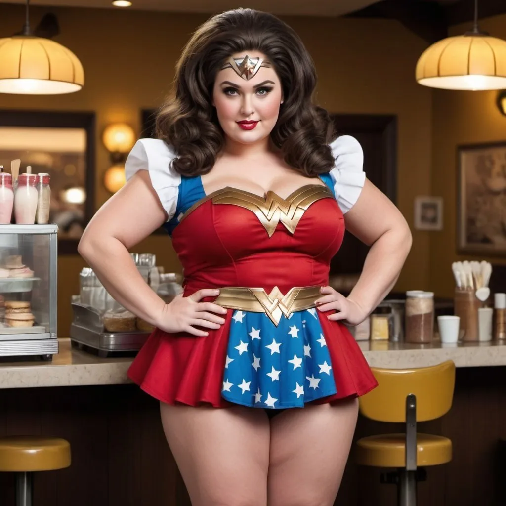 Prompt: Wonder Woman a overweight waitress, wearing waitress outfit, giant bouffant beehive hairstyle, makeup, photo style, detailed face, full body