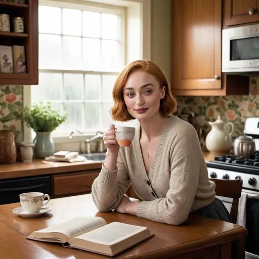 Prompt: Sophie Turner in a remarkable transformation, donning the attire and demeanor of a middle-aged mom with a short, chic bob cut hairstyle. Her once youthful features are adorned with meticulously applied makeup that creates the illusion of graceful aging, complete with subtle wrinkles around her eyes and the corners of her mouth, hinting at a life well-lived and filled with laughter. She is dressed in a cozy cardigan sweater over a button-down blouse, paired with a knee-length A-line skirt and comfortable loafers. In her hands, she holds a steaming cup of tea and a well-worn paperback novel, suggesting a moment of quiet solace amidst the bustle of her daily routine. The background is a warm, inviting kitchen with sunlight streaming through the windows, revealing the comforts of home—a wooden countertop cluttered with a laptop, a grocery list, and a half-eaten apple pie cooling on a wire rack. The room's decor reflects a blend of vintage charm and modern functionality, with a vibrant floral wallpaper that adds a touch of whimsy to the scene. The overall effect is a charming and authentic portrayal of a mature woman enjoying a moment of peace in her personal sanctuary, leaving the viewer to wonder if this is a glimpse into a character study or perhaps a playful peek into a possible future version of the young star herself.