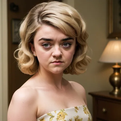 Prompt: maisie williams A quintessential Stepford wife from the 1960s, embodying the idealized perfection of suburban domesticity. She stands in the center, her figure a study in curvaceous elegance, with a blonde bouffant beehive hairstyle that soars to impossible heights and is meticulously styled to maintain its voluminous shape. The hair, a cascade of golden curls, casting a warm glow upon her flawless complexion. Her eyes are a piercing shade 