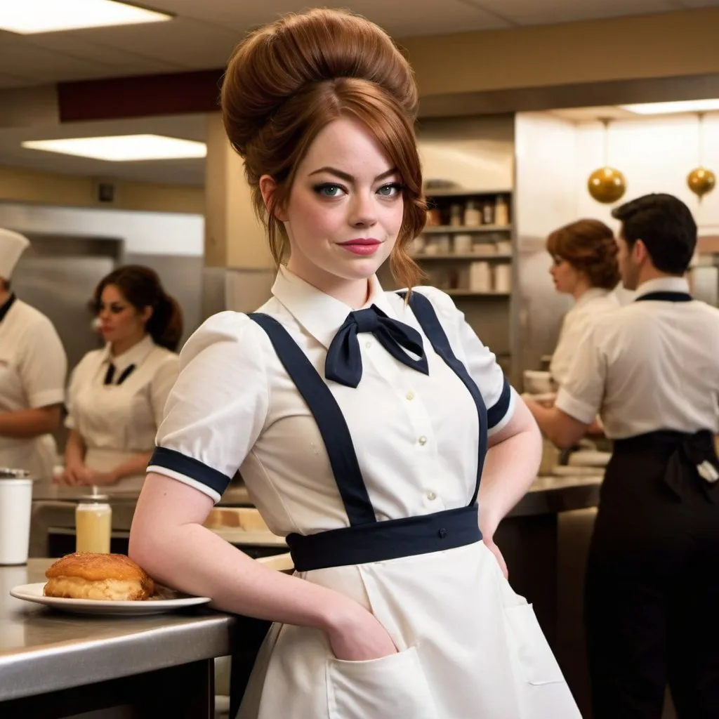 Prompt: Emma Stone a overweight waitress, wearing waitress outfit, giant bouffant beehive hairstyle, makeup, photo style, detailed face, full body