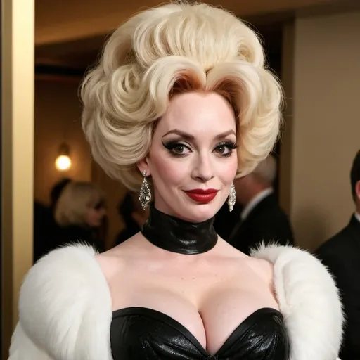 Prompt: Christina hendricks dressed as Cruella Deville with big bouffant beehive hair