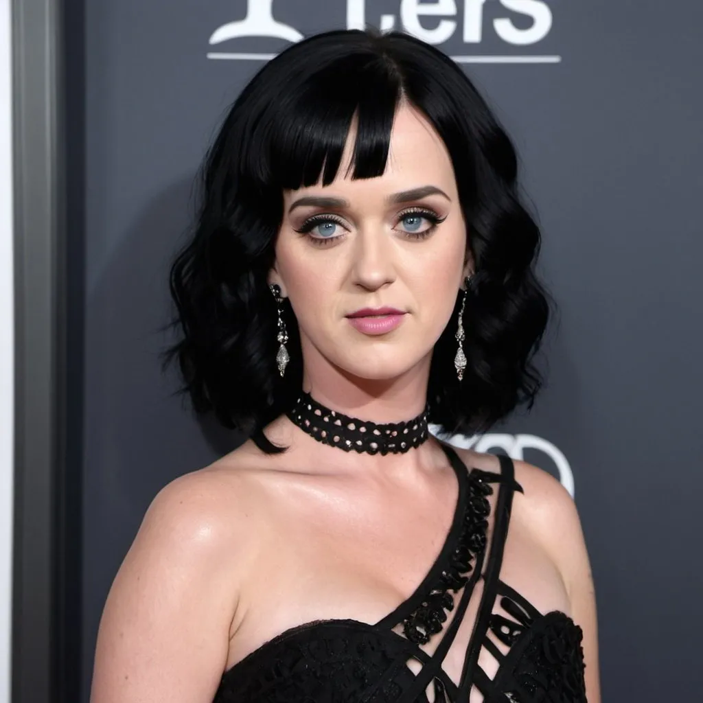 Prompt: Katy Perry a goth woman, with a black mullet hairstyle, wearing black dress, photo style, detailed face