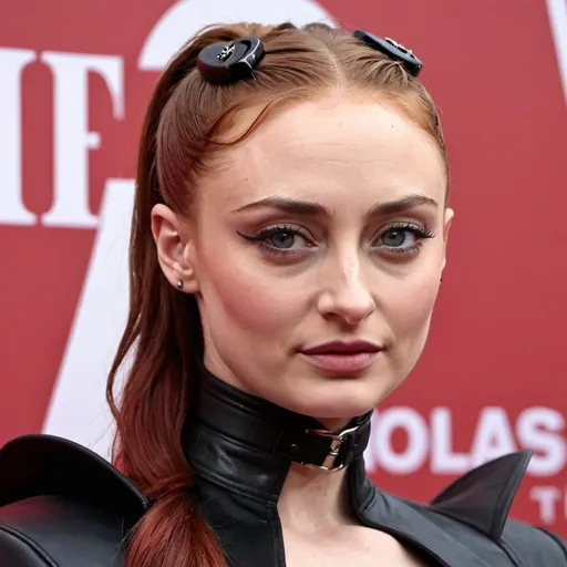 Prompt: sophie turner dressed as a dominatrix with a ponytail hairstyle 