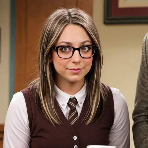 Prompt: Kaley Cuoco dressed as Amy Farrah Fowler, brown hair, glasses