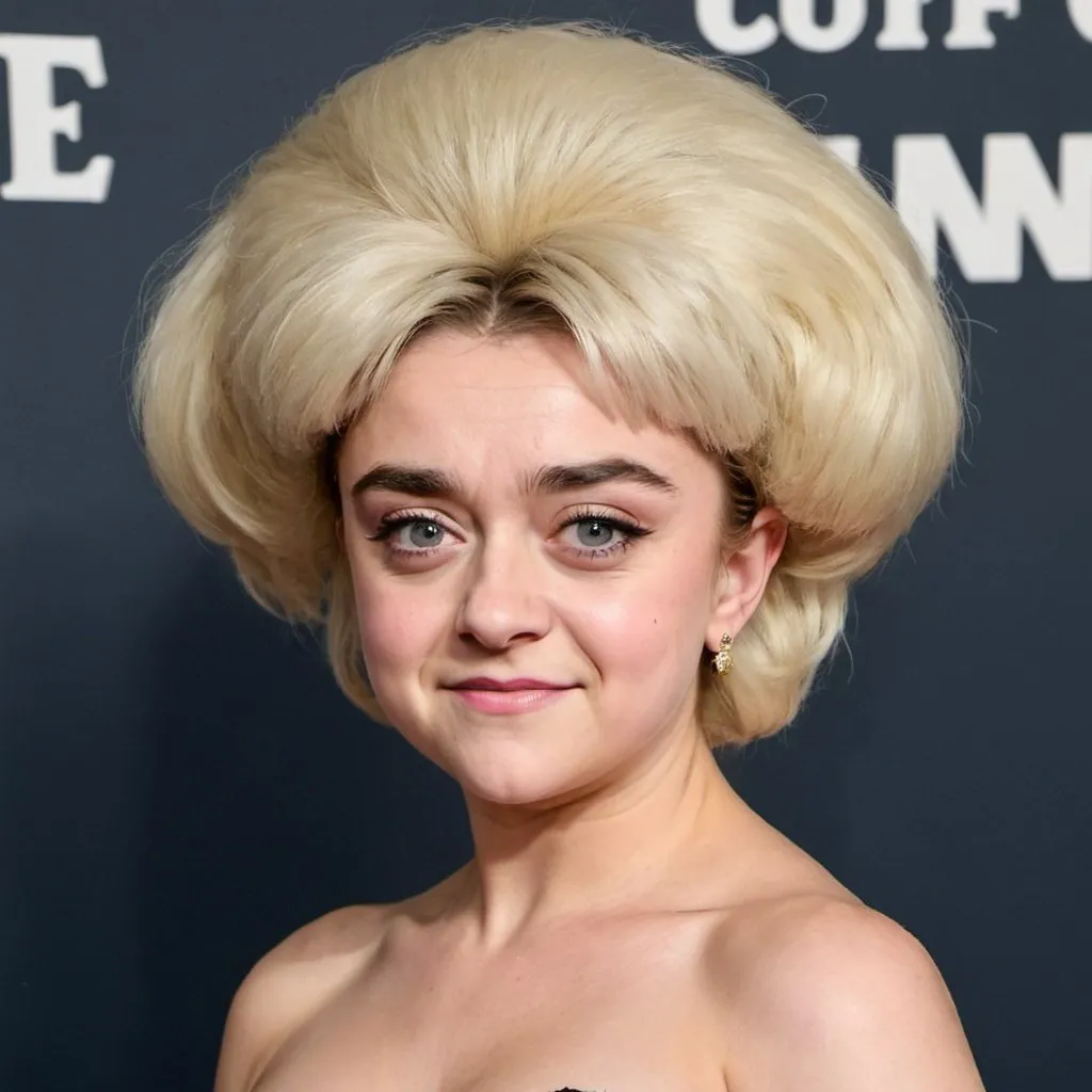 Prompt: Maisie Williams dressed as barbara windsor with big bouffant beehive long hair