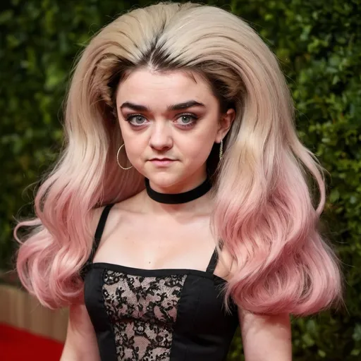 Prompt: maisie williams dressed as a bratz doll with very long bouffant hair