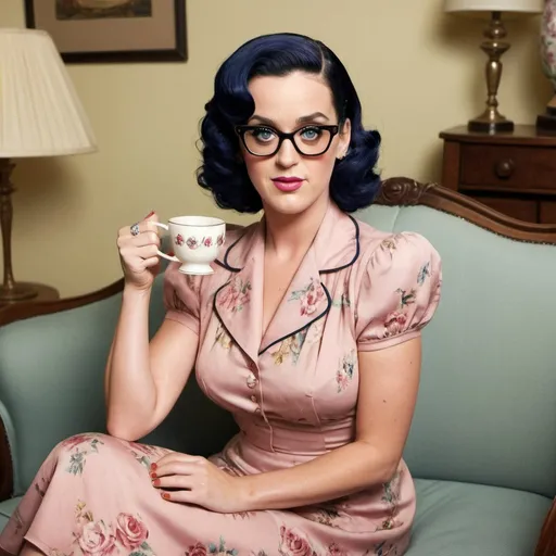 Prompt: Katy Perry a 1940s woman, with a pincurl hairstyle, wearing 1940s dress, cateye glasses, holding a cup of tea, sitting on a sofa, photo style, detailed face