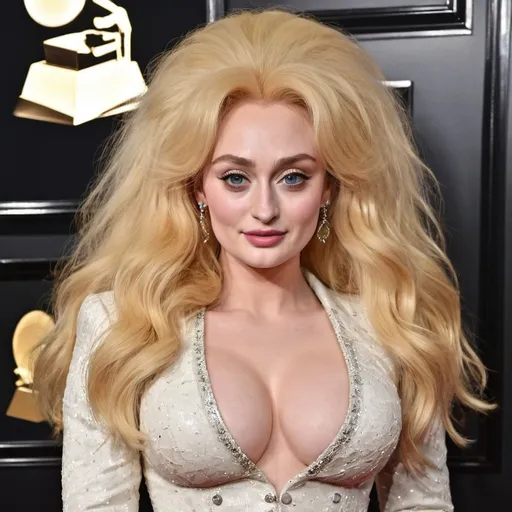 Prompt: Sophie Turner dressed as Dolly Parton with big bouffant hair