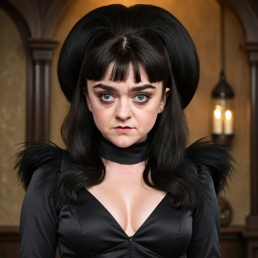 Prompt: Maisie Williams Dressed as Elvira Mistress of the dark, Big bouffant Beehive black hair