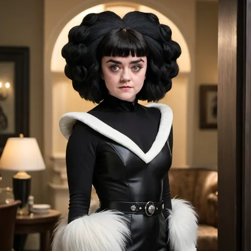 Prompt: maisie williams dressed as cruella deville from 101 dalmations with a massive beehive black hairstyle