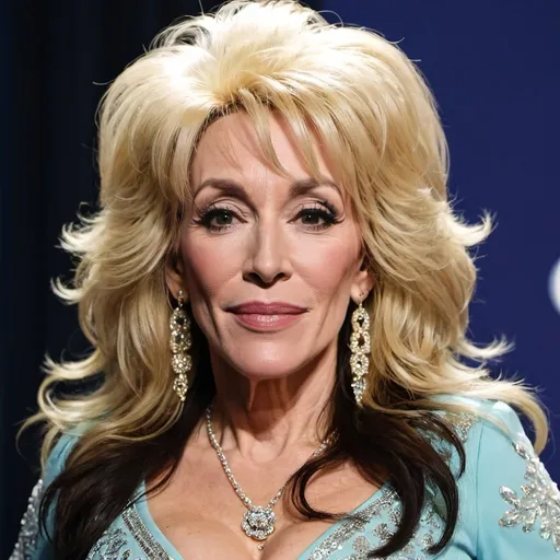 Prompt: Katey Sagal dressed as Dolly Parton with big bouffant hair