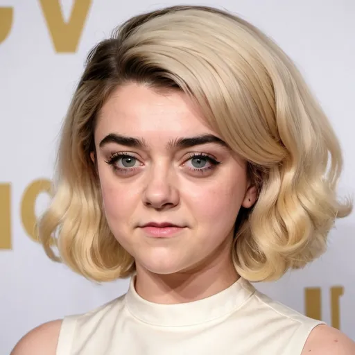 Prompt: Maisie Williams dressed as stepford wife with massive bouffant beehive long blonde hair