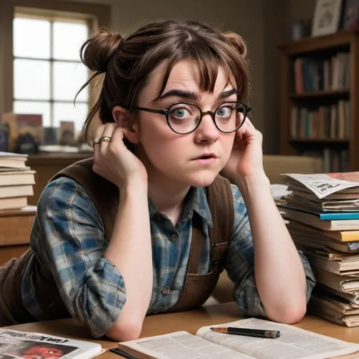 Prompt: Maisie Williams, known for her fierce portrayal as Arya Stark in Game of Thrones, in a surprisingly humorous and nerdy getup. She's dressed as a stereotypical shut-in loser, with thick, black-rimmed glasses pushed up the bridge of her nose, exaggerating her doe-eyed gaze. Her usually fiery red hair is tucked under a greasy, ill-fitting wig in a mousy brown color, styled in a messy bun with strands escaping haphazardly. She wears a baggy, plaid shirt that's buttoned incorrectly, revealing a faded, graphic tee underneath featuring a retro gaming console. The sleeves are rolled up to her elbows, exposing mismatched wristbands. A pair of high-waisted khaki pants, cinched with a worn-out belt, hang loosely on her slender frame, paired with white ankle socks and worn-out sneakers. The setting is a cluttered room, filled with piles of comic books, empty pizza boxes, and discarded soda cans. In the background, a glow from a computer screen casts an eerie blue light on her face, reflecting off her glasses. On the desk in front of her is a half-eaten sandwich, surrounded by textbooks and scribbled notes. A giant, stuffed dragon sits on her bed in the corner, a nod to her iconic character, serving as an ironic contrast to her nerdy disguise. The scene is playful and lighthearted, showcasing a side of Maisie that's starkly different from her on-screen persona, yet equally captivating.