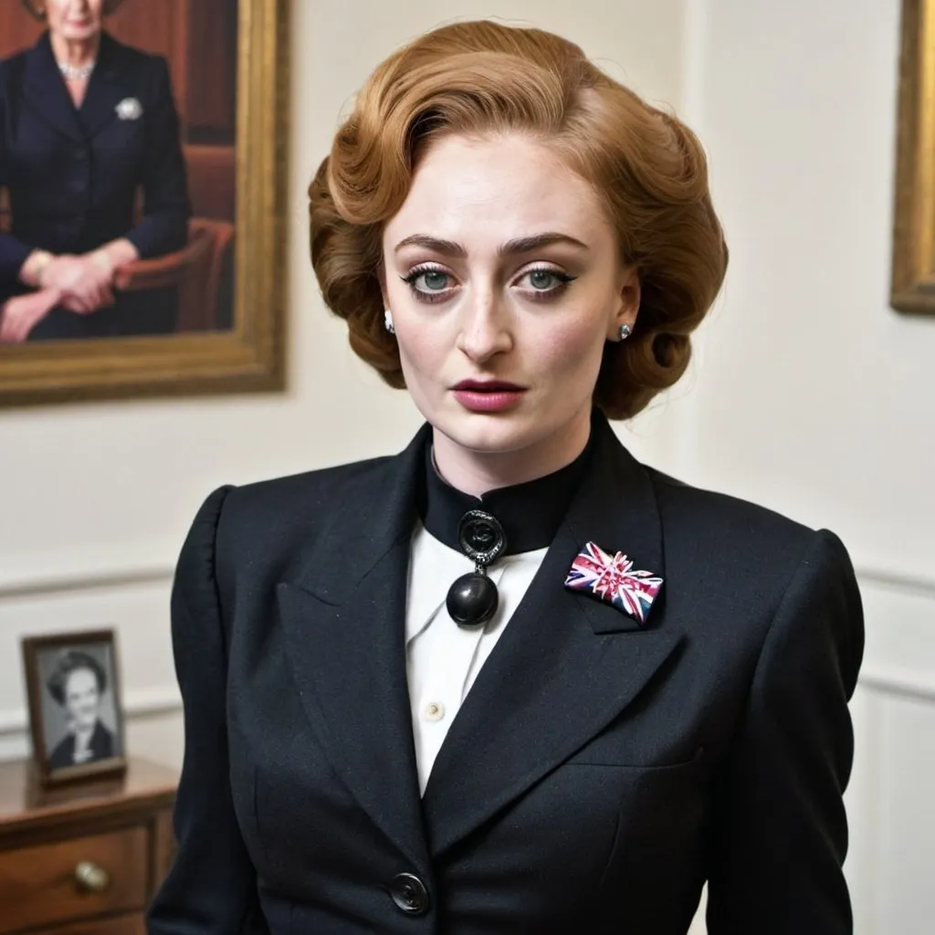 Prompt: Sophie Turner dressed as Margaret thatcher