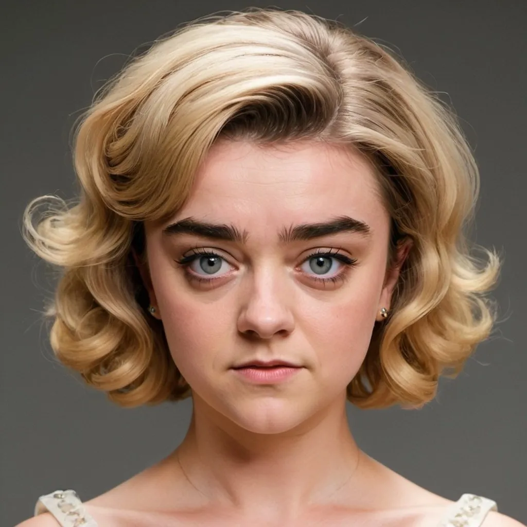 Prompt: maisie williams A quintessential Stepford wife from the 1960s, embodying the idealized perfection of suburban domesticity. She stands in the center, her figure a study in curvaceous elegance, with a blonde bouffant beehive hairstyle that soars to impossible heights and is meticulously styled to maintain its voluminous shape. The hair, a cascade of golden curls, casting a warm glow upon her flawless complexion. Her eyes are a piercing shade 