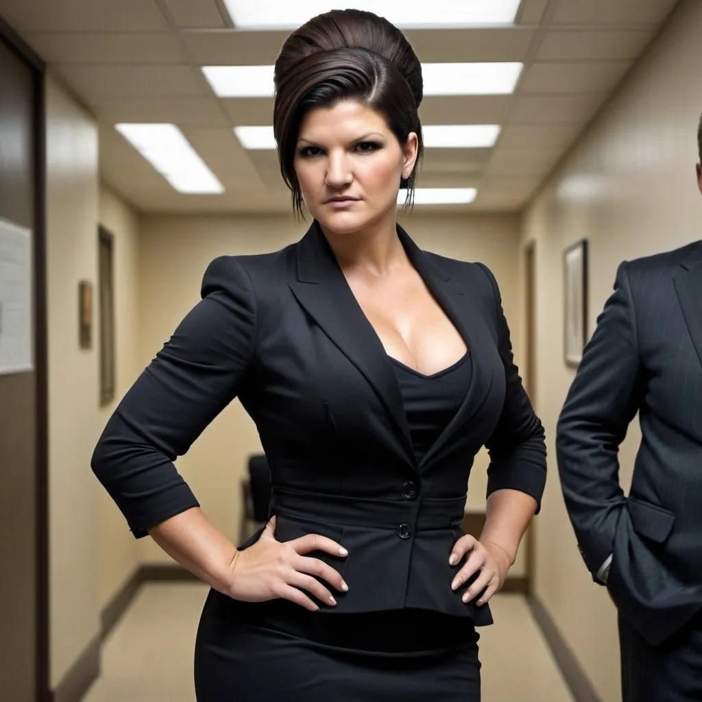 Prompt: Gina Carano a overweight secretary, wearing dress suit with a skirt outfit, giant bouffant beehive hairstyle, makeup, photo style, detailed face, full body