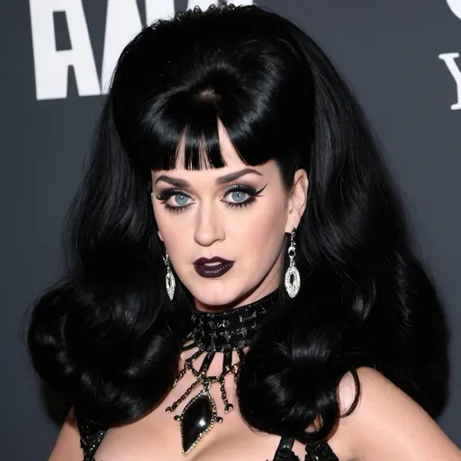 Prompt: Katy perry Dressed as Elvira Mistress of the dark, Big bouffant Beehive black hair