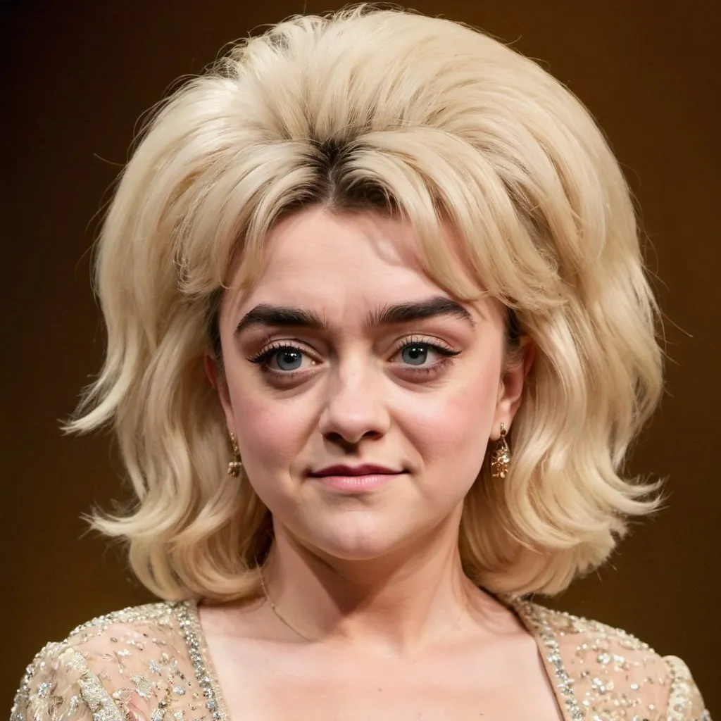 Prompt: Maisie Williams dressed as Dolly Parton with big bouffant hair