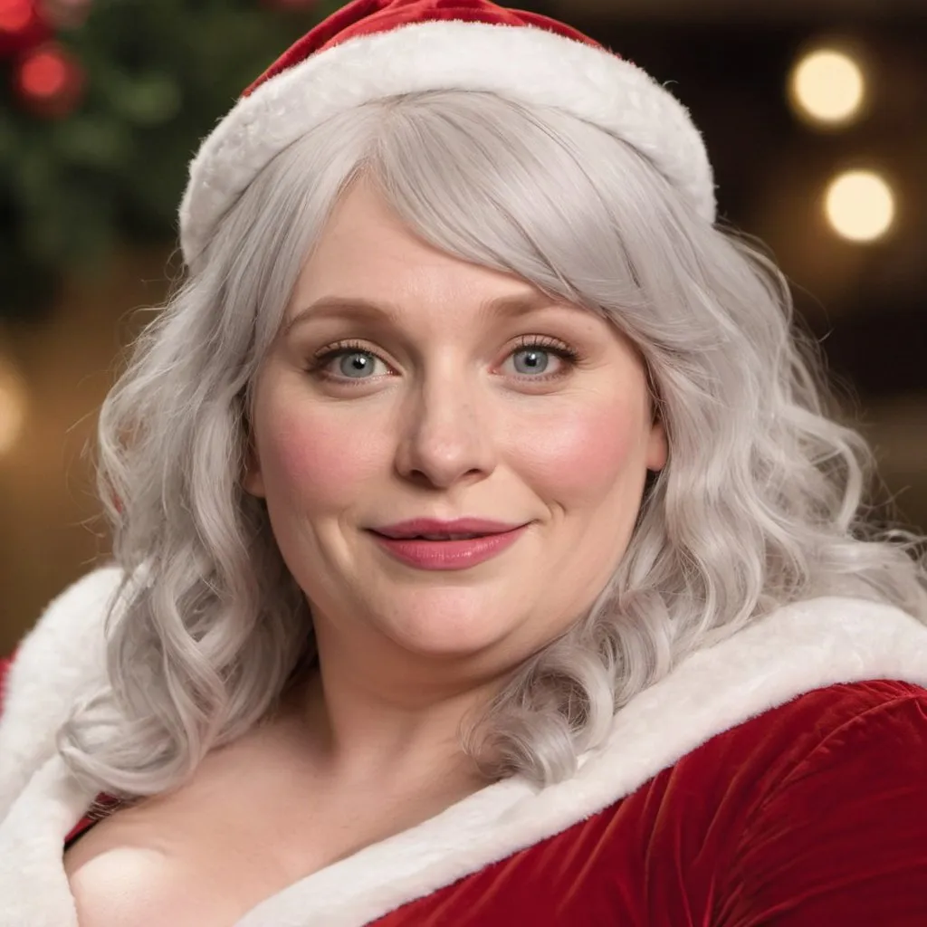 Prompt: Bryce Dallas Howard dressed as bbw chubby mrs claus Woman, white hair