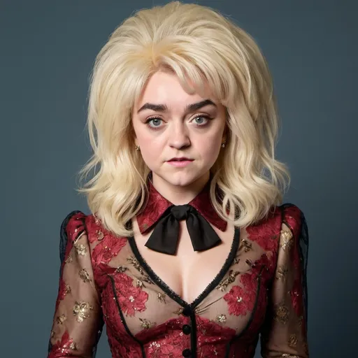 Prompt: Maisie Williams dressed as Dolly Parton with big bouffant hair