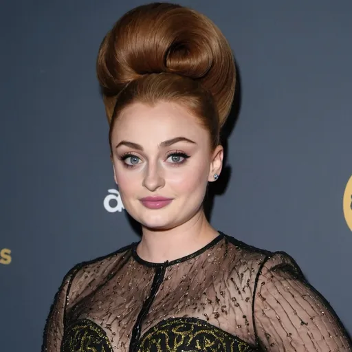 Prompt: sophie turner dressed as Tracy Turnblad with a big bouffant beehive hairstyle
