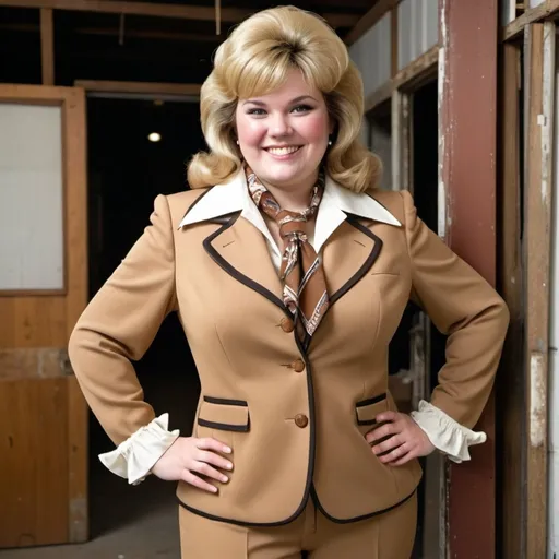 Prompt: Smiling heavy woman with large thighs with a blonde mullet shag with bangs beige and brown comtrasting ripped up and 
worn out 1970's double knit polyester three piece vested matching  business suit with poofy wide shoulder pads, very wide collar, wide lapels, blouse with a very wide 1970s frilly ascot neckerchief in an old warehouse