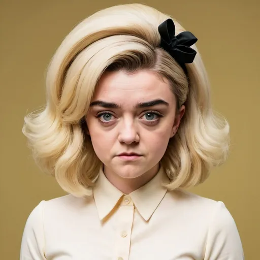 Prompt: Maisie Williams dressed as stepford wife with massive bouffant beehive long blonde hair