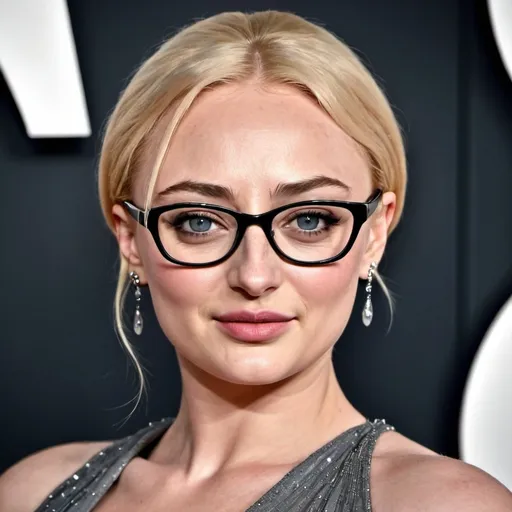 Prompt: hd photo of Sophie turner sultry mature woman, curvy body, cocktail dress, bouffant grey hair, glasses
