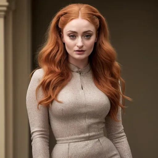 Prompt: sophie turner plump woman with long red big bouffant beehive hair full body shown, wearing tight dress full body shown
