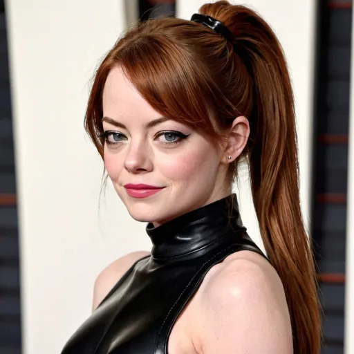 Prompt: Emma Stone dressed as a dominatrix with a high long ponytail hairstyle 