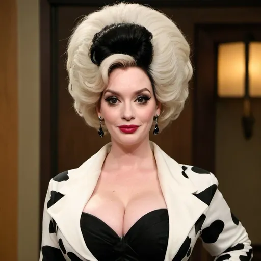 Prompt: Christina hendricks dressed as Cruella Deville with big bouffant beehive hair