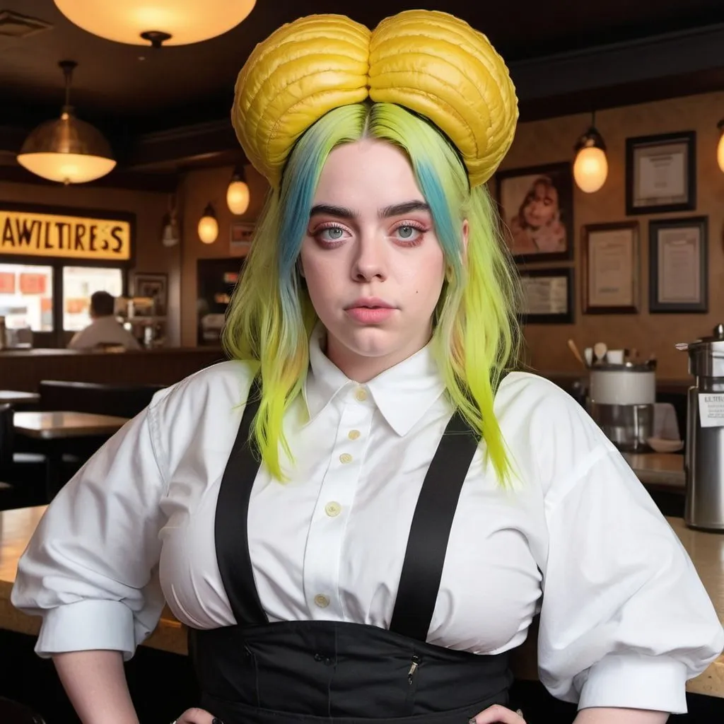 Prompt: Billie Eilish a overweight waitress, wearing waitress outfit, giant bouffant beehive hairstyle, makeup, photo style, detailed face, full body