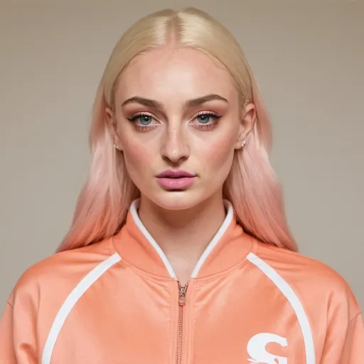 Prompt: sophie turner as a chav woman, croydon facelift bleach blonde hair, pouting lips, fake orange tan, pink tracksuit, thick pink makeup