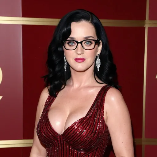 Prompt: hd photo of Katy Perry sultry mature woman, curvy body, red cocktail dress, long black hair with white streaks, glasses
