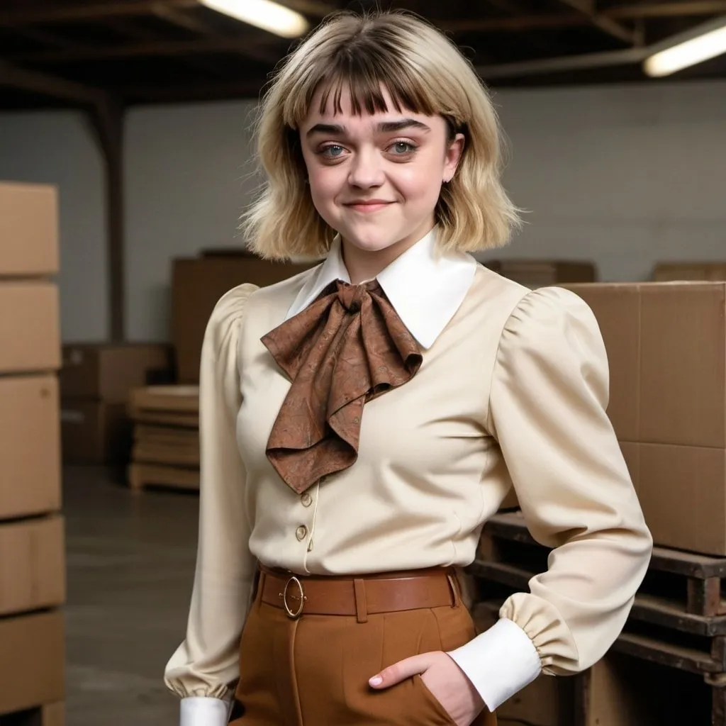 Prompt: maisie williams Smiling heavy woman with large thighs with a blonde mullet shag with bangs beige and brown comtrasting ripped up and 
worn out 1970's double knit polyester three piece vested matching  business suit with poofy wide shoulder pads, very wide collar, wide lapels, blouse with a very wide 1970s frilly ascot neckerchief in an old warehouse