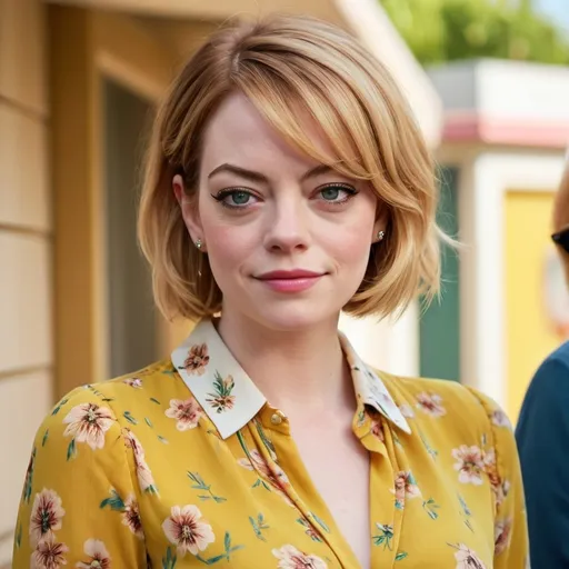 Prompt: emma stone dressed as a middle aged karen mom woman with a short blonde bouffant stacked a line bob hairstyle